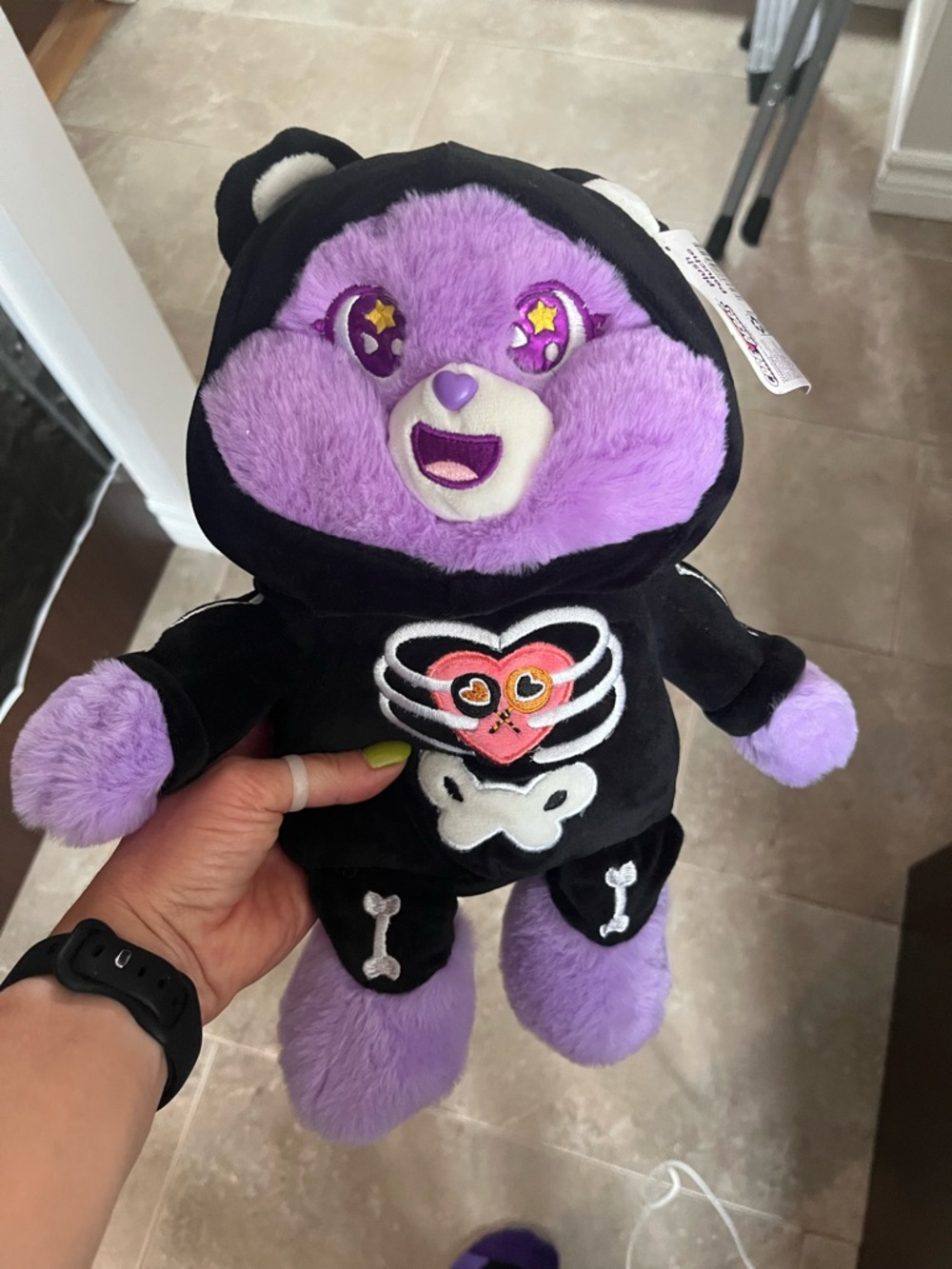 Care Bears Purple Plush Bear in Black Skeleton Hoodie.